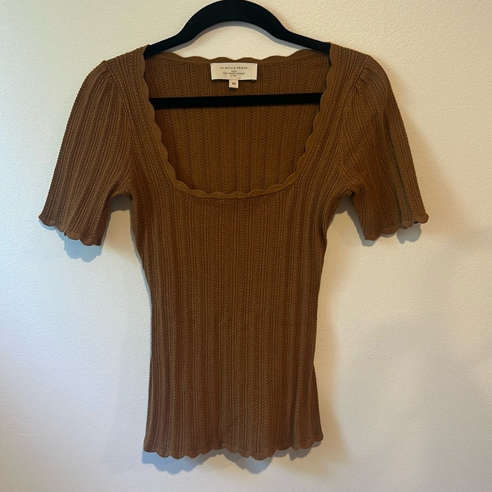 Sezane Brown Ribbed Knit Top